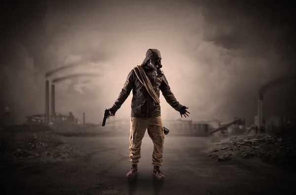 Gas masked men in demolished environment — Stock Photo, Image