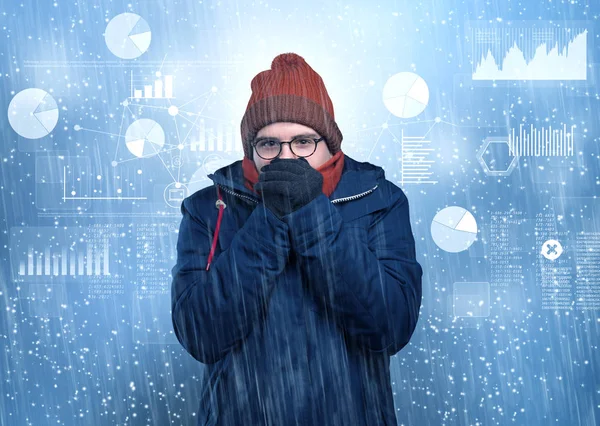 Young hipster shivering with graphs, reports and chart concept — Stock Photo, Image