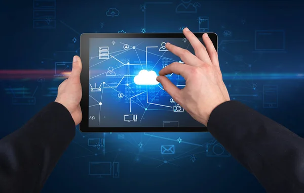 First person view of tablet with cloud office concept — Stock Photo, Image