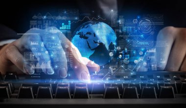 Uluslararası sistem konsepti ile klavye yazarak kadın