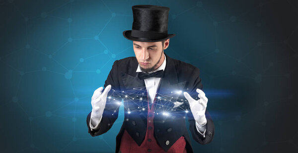 Magician with geometrical connection on his hand 