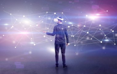İşadamı vj gözlük ve bağlantı kavramı ile