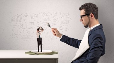 Büyük işadamı doodled grafikler konsepti ile bir yemek küçük yaş