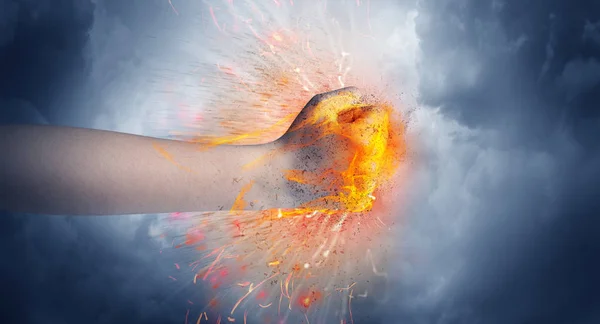 Hand hits intense and makes fire — Stock Photo, Image