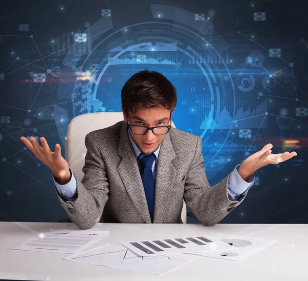 Manager in front of the office desk with communication concept — Stock Photo, Image