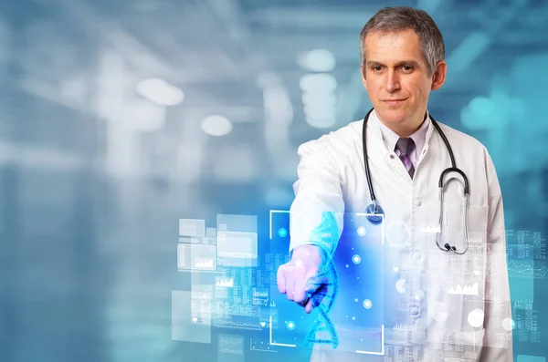 Doctor touching screen with biology and genetic concept — Stock Photo, Image