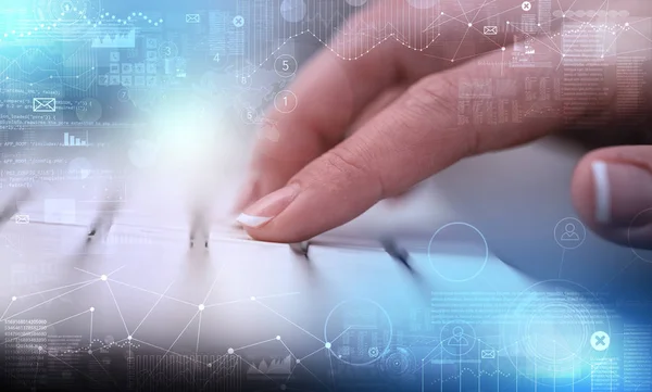 Hand typing on keyboard with international system concept — Stock Photo, Image