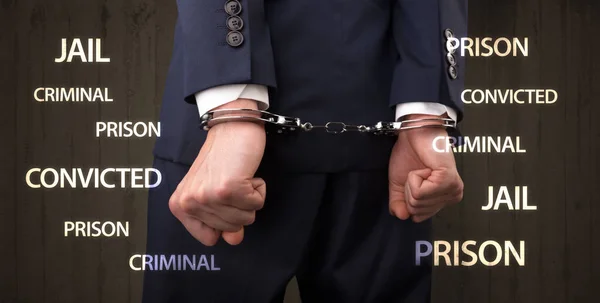 Close convicted with labels and handcuffs — Stock Photo, Image