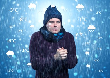 Hava durumu konsepti ile sıcak giysiler içinde buz gibi çocuk