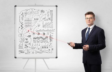 Profesör ekonomi öğretim beyaz tahta üzerinde 