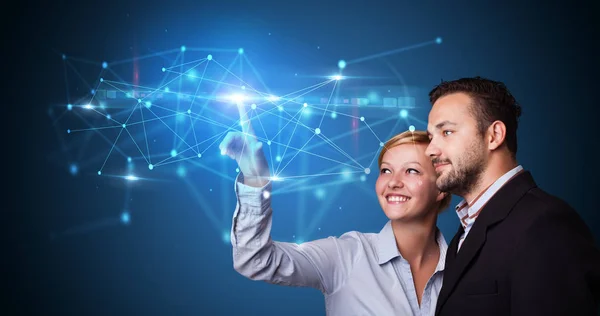 Mann und Frau berühren Web-Hologramm — Stockfoto