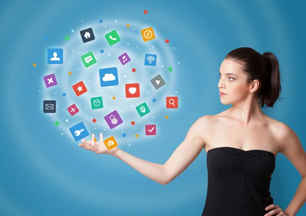 Person presenting new application icons and symbols — Stock Photo, Image
