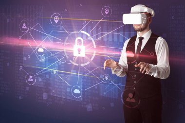 Adam ile 3d ağ kavramı kilidini Vr koruyucu gözlük