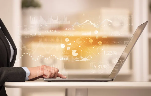 Business woman working on laptop with financial report concept — Stock Photo, Image