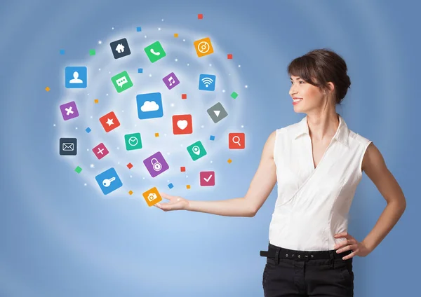 Person presenting new application icons and symbols — Stock Photo, Image