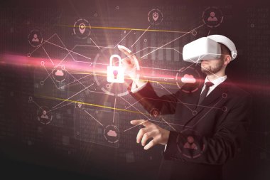 Adam ile 3d ağ kavramı kilidini Vr koruyucu gözlük