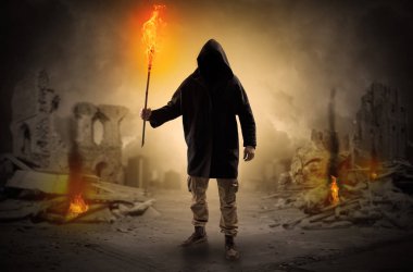 Flambeau bir felaket sahne kavramı yanan ile gelen adam