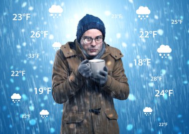 Hava durumu konsepti ile sıcak giysiler içinde buz gibi çocuk