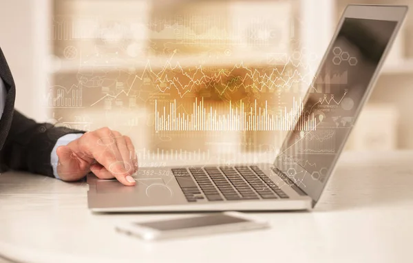 Business woman working on laptop with global financial report concept — Stock Photo, Image