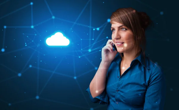 Person talking on the phone with cloud technology concept — Stock Photo, Image