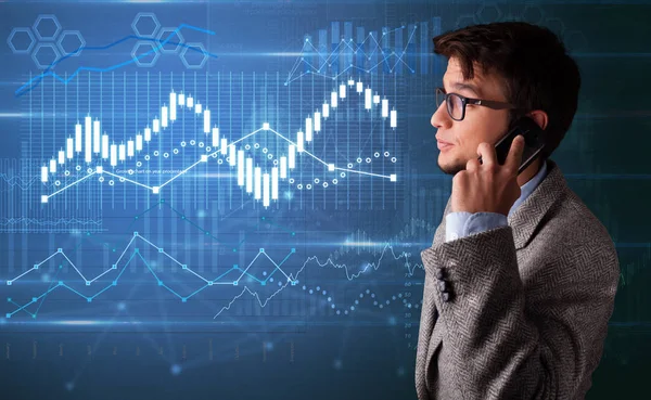 Person talking on the phone with diagrams on the background — Stock Photo, Image