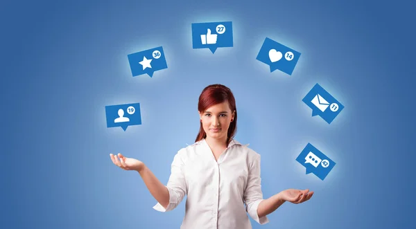 Person juggle with social media symbols — Stock Photo, Image