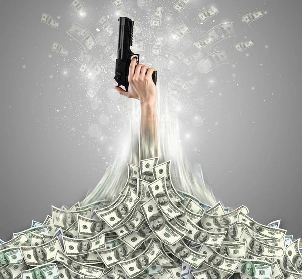 Hand bursting out from a money heap — Stock Photo, Image