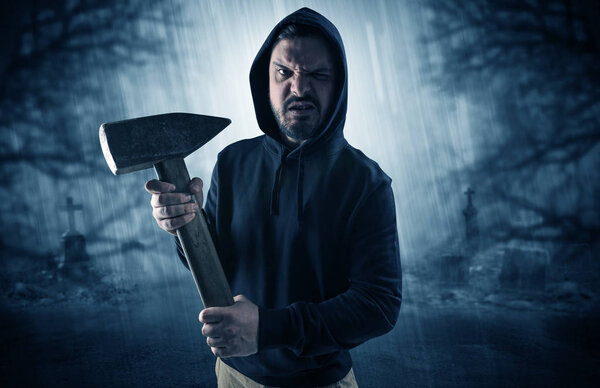 Aggressive hunter in abandoned graveyard concept