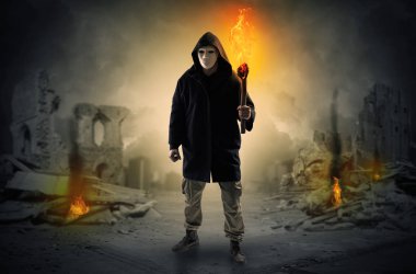 Flambeau bir felaket sahne kavramı yanan ile gelen adam