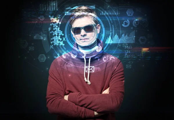 Young man on dark background, face recognition concept — Stock Photo, Image