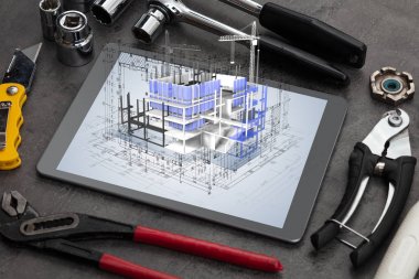 Tablet ve araçları 3d ev planı kavramı ile