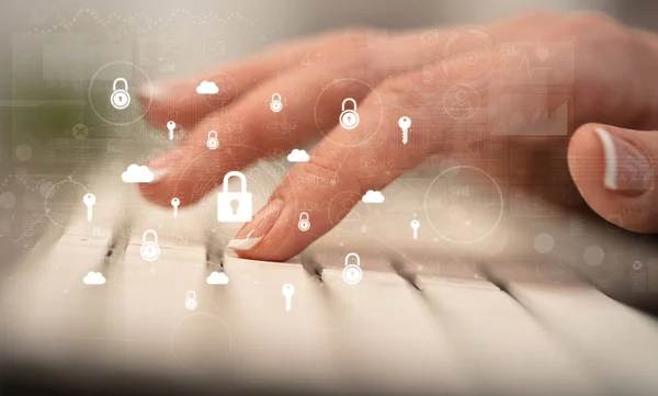 Hand typing on keyboard with secured concept around — Stock Photo, Image