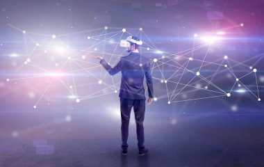 İşadamı vj gözlük ve bağlantı kavramı ile