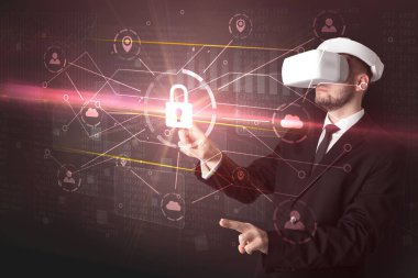 Adam ile 3d ağ kavramı kilidini Vr koruyucu gözlük