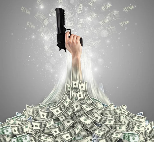 Hand bursting out from a money heap — Stock Photo, Image