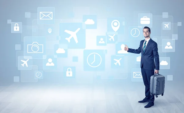 Businessman departs to a business trip with symbols — Stock Photo, Image