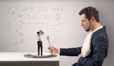 Büyük işadamı doodled grafikler konsepti ile bir yemek küçük yaş