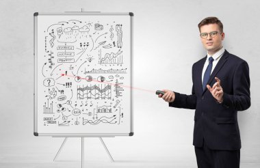 Profesör ekonomi öğretim beyaz tahta üzerinde 