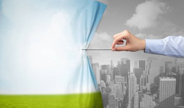 Doğa cityscape perde için gri cityscape çekerek el