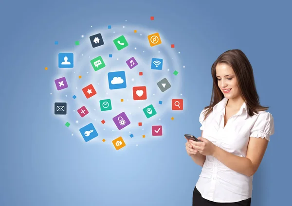 Person presenting new application icons and symbols — Stock Photo, Image