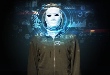 Koyu arka plan, yüz tanıma kavramı üzerinde genç adam