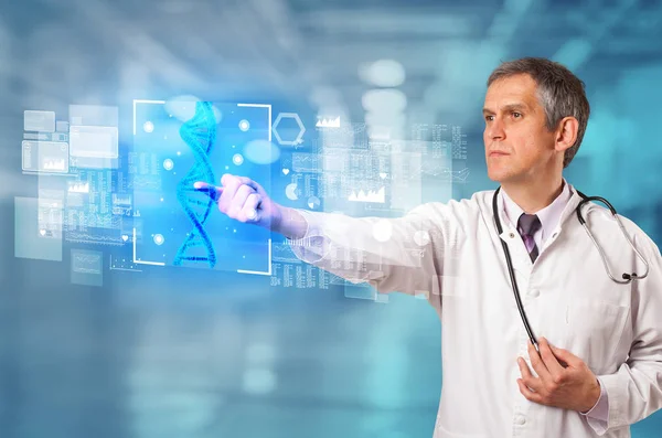 Doctor touching screen with biology and genetic concept — Stock Photo, Image