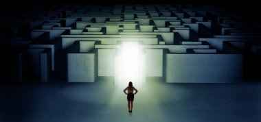 Lost woman standing at illuminated labyrinth entrance clipart