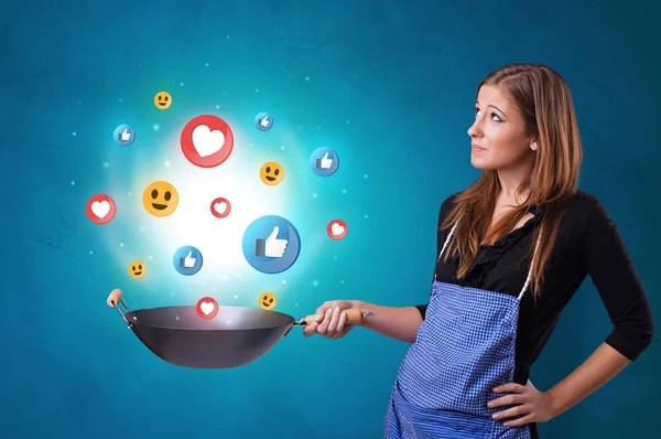 Person cooking social media concept in wok