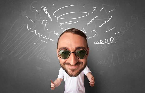 Big head on small body with blackboard and white chalk drawn on the background — Stock Photo, Image