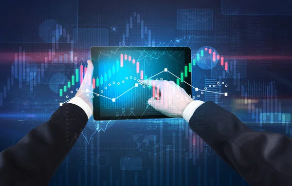 Hand holding tablet with global reports and stock market change concept — Stock Photo, Image