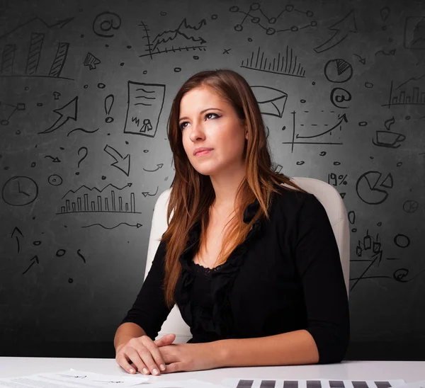 Secretaresse met doodle multitask concept — Stockfoto