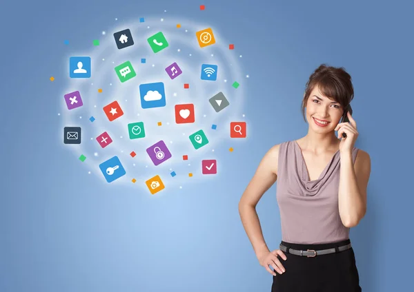 Person presenting new application icons and symbols — Stock Photo, Image