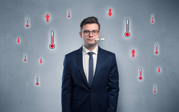 Businessman with thermometer and fever concept — Stock Photo, Image