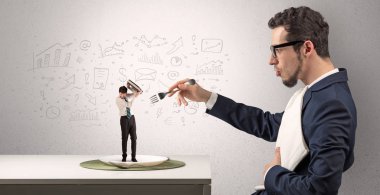 Büyük işadamı doodled grafikler konsepti ile bir yemek küçük yaş